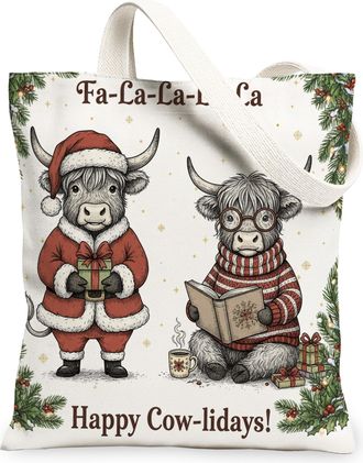 Generic Christmas Cow Canvas Tote Bags, Animal Print Reusable Grocery Bags, Holiday Vintage Lightweight Washable Canvas for Travel, White, 13x15 Inch