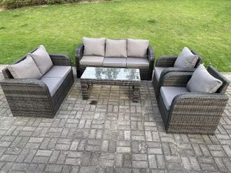 Fimous 7 Seater Dark Grey PE Rattan Garden Furniture Set Reclining Chair Love Seat 3 Seater Sofa Set Coffee Table