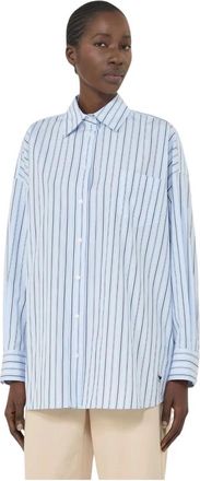 Max Mara Lange Oversized Gestreepte Katoenen Poplin Blouse met Borstzak en Vlinderborduurwerk - Dames - Overhemden - Veelkleurig - XL - Katoen - Overhemden