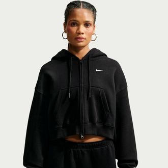 Nike Womens Studio Fleece Medium Weight Oversized Full-Zip Cropped Hoodie in Black | IM8499-001