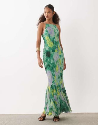 Asos Vestito lungo senza maniche in chiffon con fondo godet-Multi