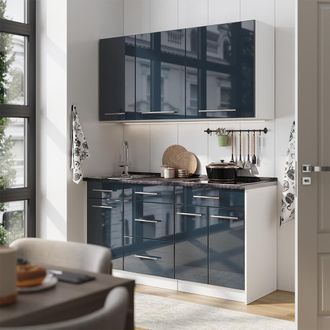 Vicco Cocina Para Solteros Fame-line, Azul Oscuro Alto Brillo/blanco, 150 Cm, Et Antracita, Vicco