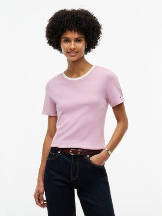 Tommy Hilfiger Womens Ribbed Contrast-Collar T-Shirt - Mystic Orchid - XXL