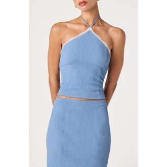 ASTR the Label Milana Lace Detail Rib Halter Top in Blue at Nordstrom, Size X-Large