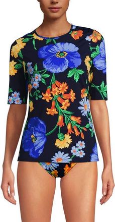 Lands End SunShade UPF 50 Elbow Sleeve Relaxed Rash Guard in Navy/exploded Poppy Floral at Nordstrom, Size X-Large