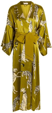 Olivia Von Halle Queenie Printed Silk Robe - Olive - One Size