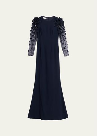 Teri Jon Tulle-Sleeve Floral Applique Crepe Gown