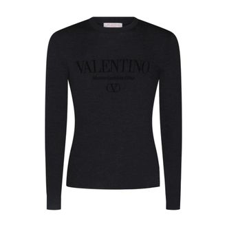 Valentino Garavani Tops, Heren, Grijs, XL, Wol, Logo wollen trui met ronde hals