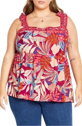 City Chic Paradiso Print Tie Strap Peplum Tank in Paridiso at Nordstrom, Size Xxl