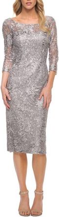 La Femme Fitted Metallic Lace Below-the-Knee Dress in Silver at Nordstrom, Size 14