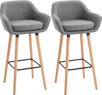 HOMCOM 2 PCs Upholstered Bucket Seat Bar Stools w/ Solid Wood Legs Grey | TJ Hughes
