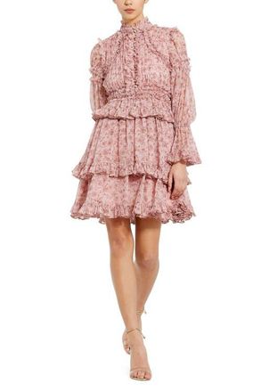 Mac Duggal Long Sleeve Open Front High Neck Ruffle Mini Dress in Cinnamon at Nordstrom, Size 12