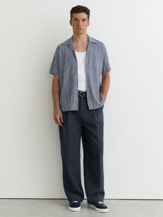 Reiss Airforce Blue Textured Stripe Cuban-collar Shirt, Xxl