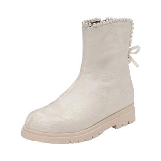 Generic Womens Floral Mid Calf Boots Round Toe Low Square Heel With Side Zipper And Decorative Flower Beading