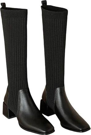 Generic Womens Knitted Long Boots Knee-High Socks Slip-On High Heels Vintage Elastic