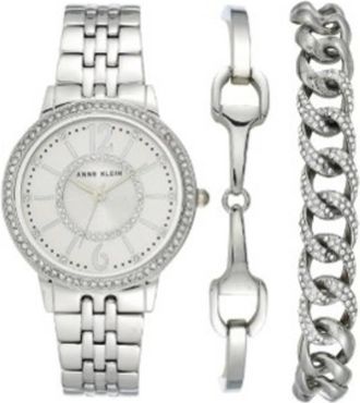 Anne Klein Quartz Crystal Silver Dial Ladies Watch and Bracelet Set AK-3839SVST