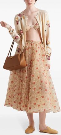 Prada Womens Poppy Print Nylonette Midi Skirt - Beige - Size EU 38 (Womens)