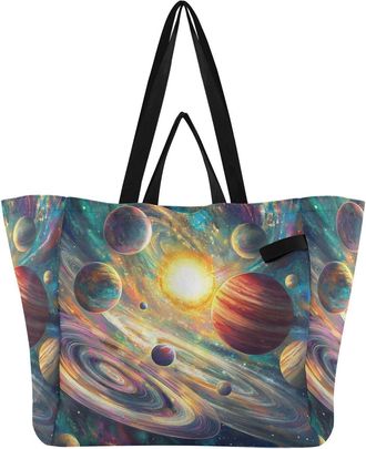 Generic Sun Planet Teal pattern Reusable Canvas Tote Bag, Heavy Duty Grocery Shopping Bag with Double Handles Hard Bottom Large Capacity Work Groceries Travel