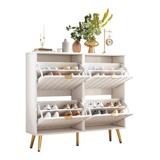 STILVORA Zapatero Con 4 Puertas Abatibles Y Separadores Ajustables, Con Antivuelco, En Mdf Y Tablero De Part&iacute;culas, 100&times;24&times;91.5 Cm, Blanco