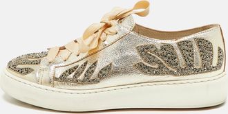 Santoni Gold Leather Crystal Embellished Lace Up Sneakers