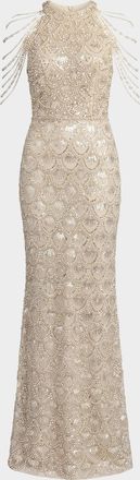 Mac Duggal Petite Draped Beaded Column Gown