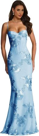 Generic Spaghetti Straps Laces Prom Dress for Women Floral Ruffle V-Neck Long Mermaid Corset Formal Evening Maxi Dress Light-Blue XS