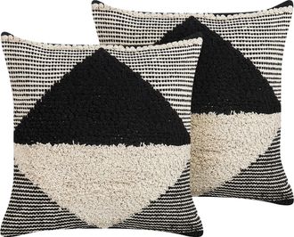 Beliani Conjunto De 2 Cojines De Algod&oacute;n Beige Negro 50 X 50 Cm Patr&oacute;n Geom&eacute;trico Khora
