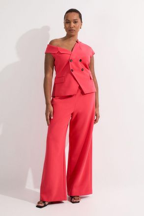 Karen Millen Womens Plus Size Compact Stretch Asymmetric Collar Wide Leg Tailored Jumpsuit - Pink - Size 24 UK
