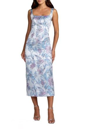 Mac Duggal Brocade Sleeveless Square Neck Midi Dress in Blue Multi at Nordstrom, Size 12