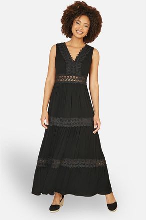 Yumi Lace Trim Cotton Maxi Sun Dress in Black at Nordstrom, Size Medium