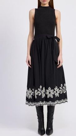 En Saison Isidora Embroidery Detail Mixed Media Midi Dress in Black at Nordstrom Rack, Size X-Small