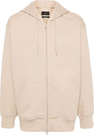 Yohji Yamamoto logo-print zip-up hoodie - men - Cotton/Recycled Polyester - L - Neutrals