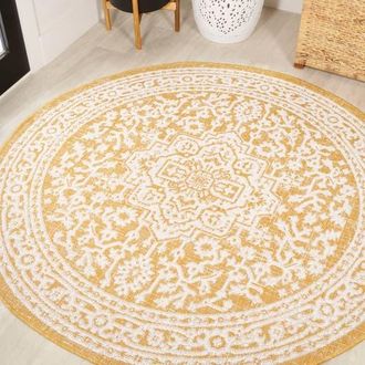 Jonathan Y Designs Sinjuri Medallion Textured Weave Indoor/Outdoor Round Area Rug in Yellow/cream at Nordstrom, Size 5Ft 0In X 5Ft 0In