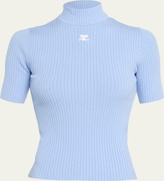 Courr&egrave;ges Mock-Neck Short-Sleeve Rib Pullover