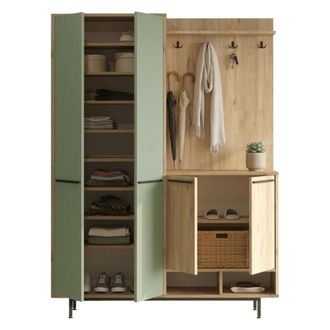 Dmora Mueble De Entrada Tignale, Perchero, 12 Estantes, Puerta Abatible, 147x36x196h Cm Verde Salvia