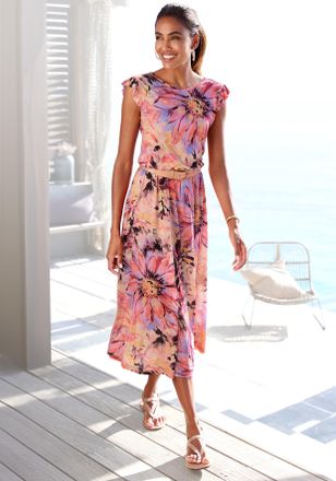 Lascana Midikleid LASCANA, Damen, Gr. 34, N-Gr, pink (pink bedruckt), Single Jersey, Obermaterial: 100% Viskose, bedruckt, figurumspielend wadenlang, Rundhals