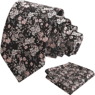 Alizeal Mens 8cm Colorful Floral Necktie and Pocket Square Classic Wedding Tie and Hanky Set, Black+Pink