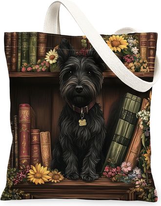 Generic Spring Scottish Terrier Dog Canvas Tote Bag for Shopping 13x15, Flower Bookshelf Puppy Reusable Grocery Print Bag for Women, Fun Pet Beach Aesthetic P