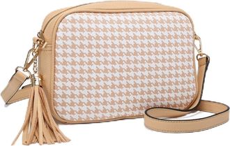 Generic Houndstooth Pattern Crossbody Bag with Tassel, PU Leather Vegan Shoulder Bag for Women, Blue and Beige, 24x17x7cm (Camel)