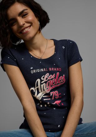 Kangaroos T-Shirt KANGAROOS, Damen, Gr. 32/34, blau (marine, meliert, bedruckt), Rippware, Obermaterial: 60% Baumwolle, 40% Polyester, bedruckt, meliert, figurb