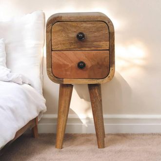 Direct Wicker Solid Wood Extra Mini Curved Oak-ish Bedside, 2 Drawers in Brown | Size: 1 Pack