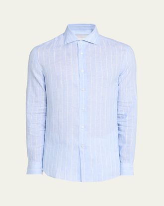Brunello Cucinelli Mens Pinstripe Linen Button-Down Shirt