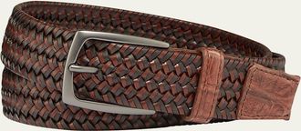 W. Kleinberg Mens Woven Leather Stretch Belt with Crocodile Trim