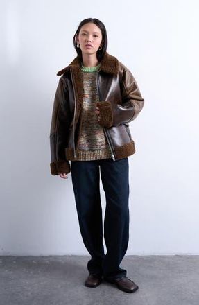 Topshop Faux Shearling & Faux Leather Patchwork Jacket in Brown at Nordstrom Rack, Size X-Small