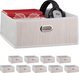 Relaxdays Relaxdays - 10 Cestos Almacenaje Bamb&uacute;, Cestitas Cuadradas Tela Ba&ntilde;o, Cajas Bajas Estante, 14 X 31 X 31 Cm, Asa, Plegables, Blanco