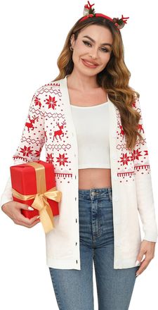 iClosam Womens Christmas Cardigan Lightweight Long Sleeve Button Top Ladies Chunky Cable Knit Reindeer Printed Cardigans