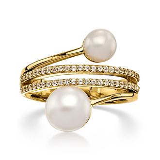 Ross-Simons 5.5-8mm Cultured Pearl and. White Topaz Bypass Ring in 18kt Gold Over Sterling