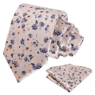 Alizeal Mens 8cm Tie and Handkerchief Flower Patterned Classic Wedding Business Necktie Set, Coral+Navy
