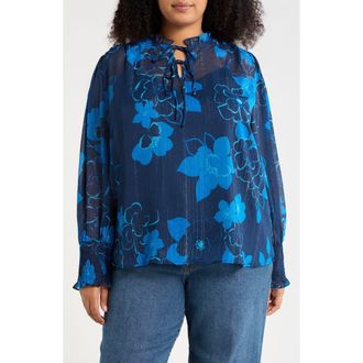 Sugarlips Bluford Floral Metallic Top in Navy-Blue at Nordstrom, Size 2X