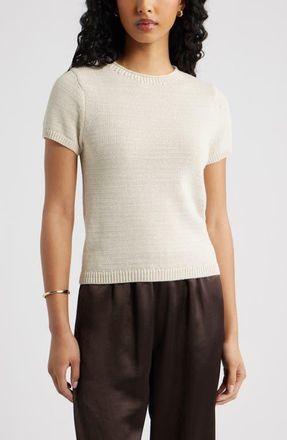 Open Edit Short Sleeve Cotton Blend Sweater in Ivory Dove at Nordstrom, Size Xx-Small